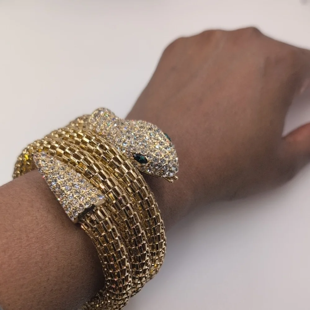 Gold Snake Coil Wrap Bracelet - Pave Rhinestones & Green Eyes - Statement Piece